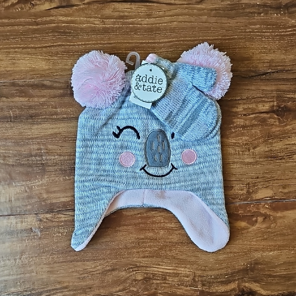 NWT Addie & Tate Gray Koala Beanie with Pink Pom Poms And Mittens Set